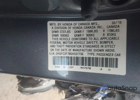 2016 Honda Civic Ex из США, поврежденный, VIN 2HGFC2F78GH537756